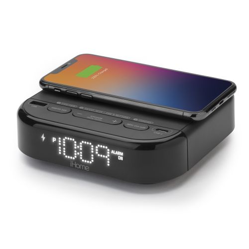 iHome HW22 Alarm Clock with Wireless Charging and 2 USB Charging Ports, Black